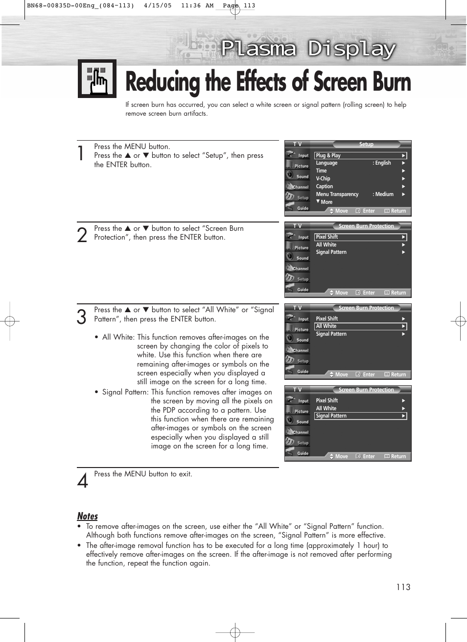 Reducing the effects of screen burn | Samsung SPR4212X-XAC User Manual | Page 113 / 144