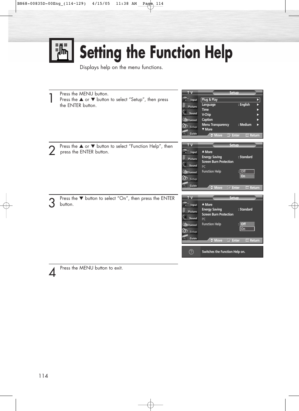 Setting the function help | Samsung SPR4212X-XAC User Manual | Page 114 / 144