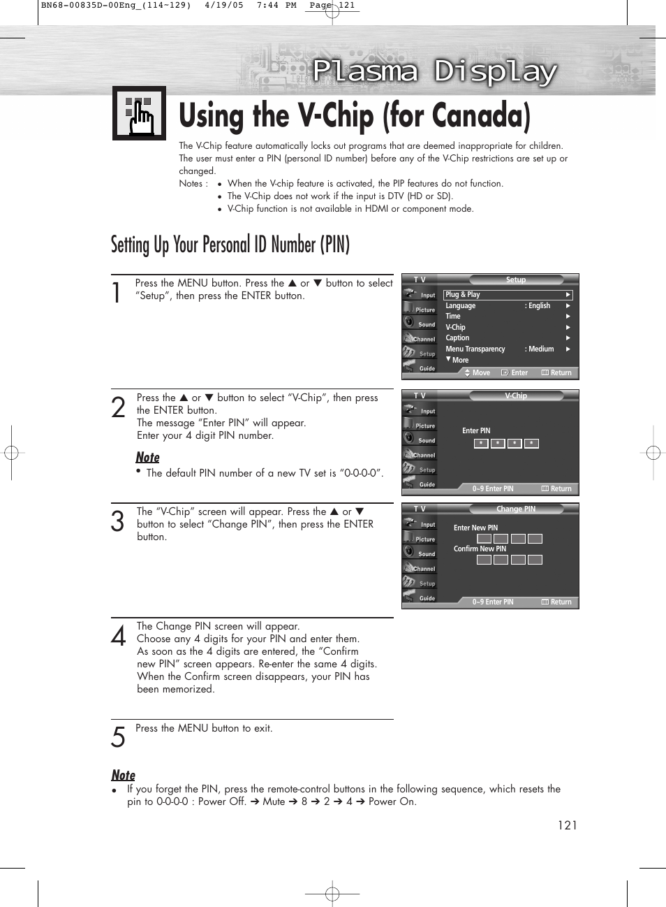Using the v-chip (for canada), Setting up your personal id number (pin) | Samsung SPR4212X-XAC User Manual | Page 121 / 144