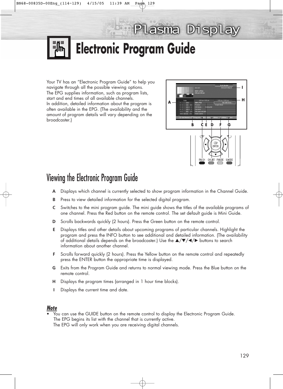 Electronic program guide, Viewing the electronic program guide | Samsung SPR4212X-XAC User Manual | Page 129 / 144