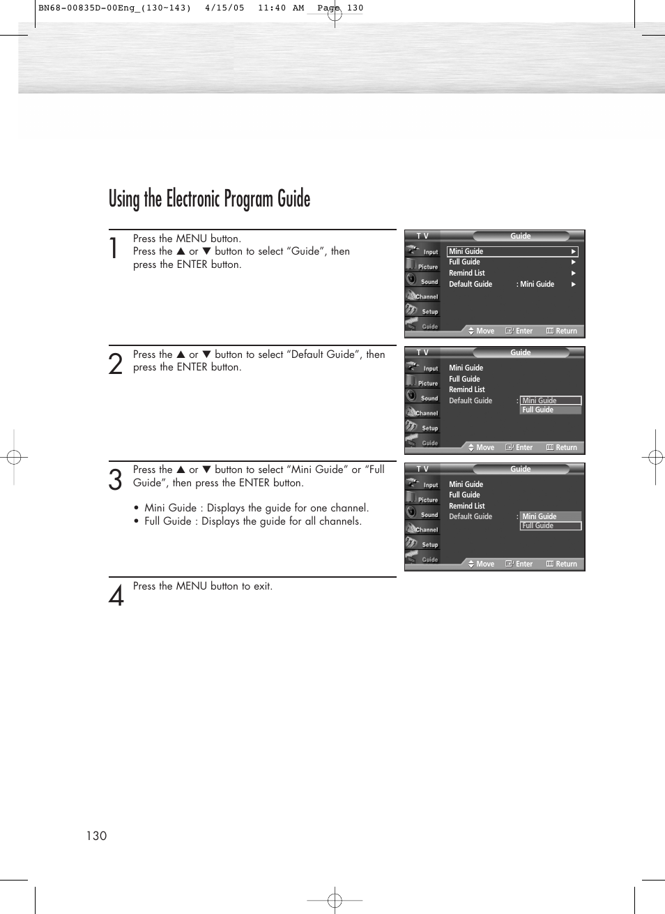 Using the electronic program guide | Samsung SPR4212X-XAC User Manual | Page 130 / 144