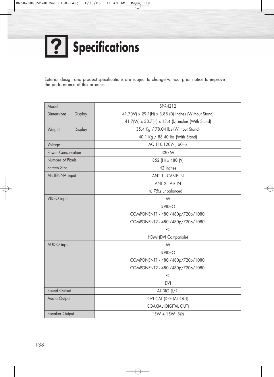 Specifications | Samsung SPR4212X-XAC User Manual | Page 138 / 144