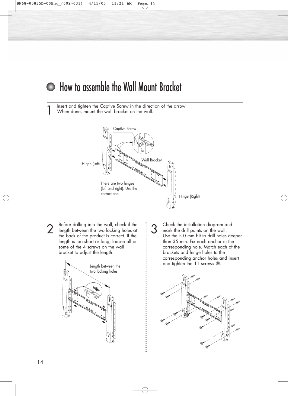 How to assemble the wall mount bracket | Samsung SPR4212X-XAC User Manual | Page 14 / 144