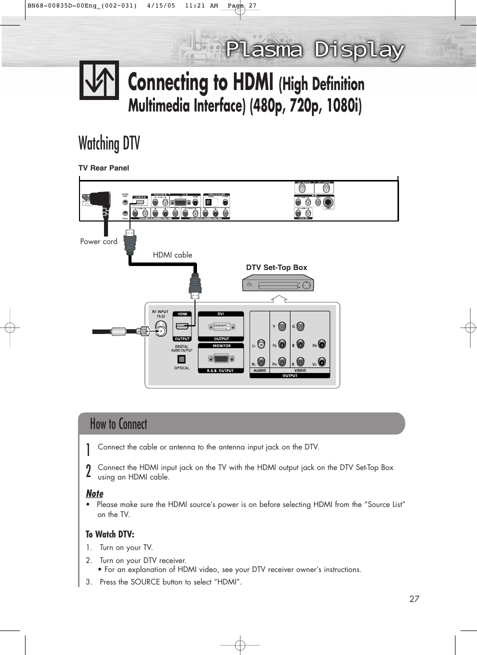 Connecting to hdmi, Watching dtv, How to connect | Samsung SPR4212X-XAC User Manual | Page 27 / 144