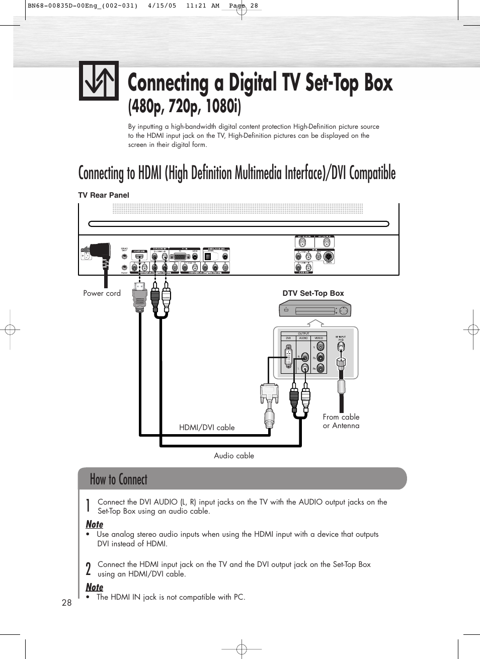 Connecting a digital tv set-top box, How to connect | Samsung SPR4212X-XAC User Manual | Page 28 / 144