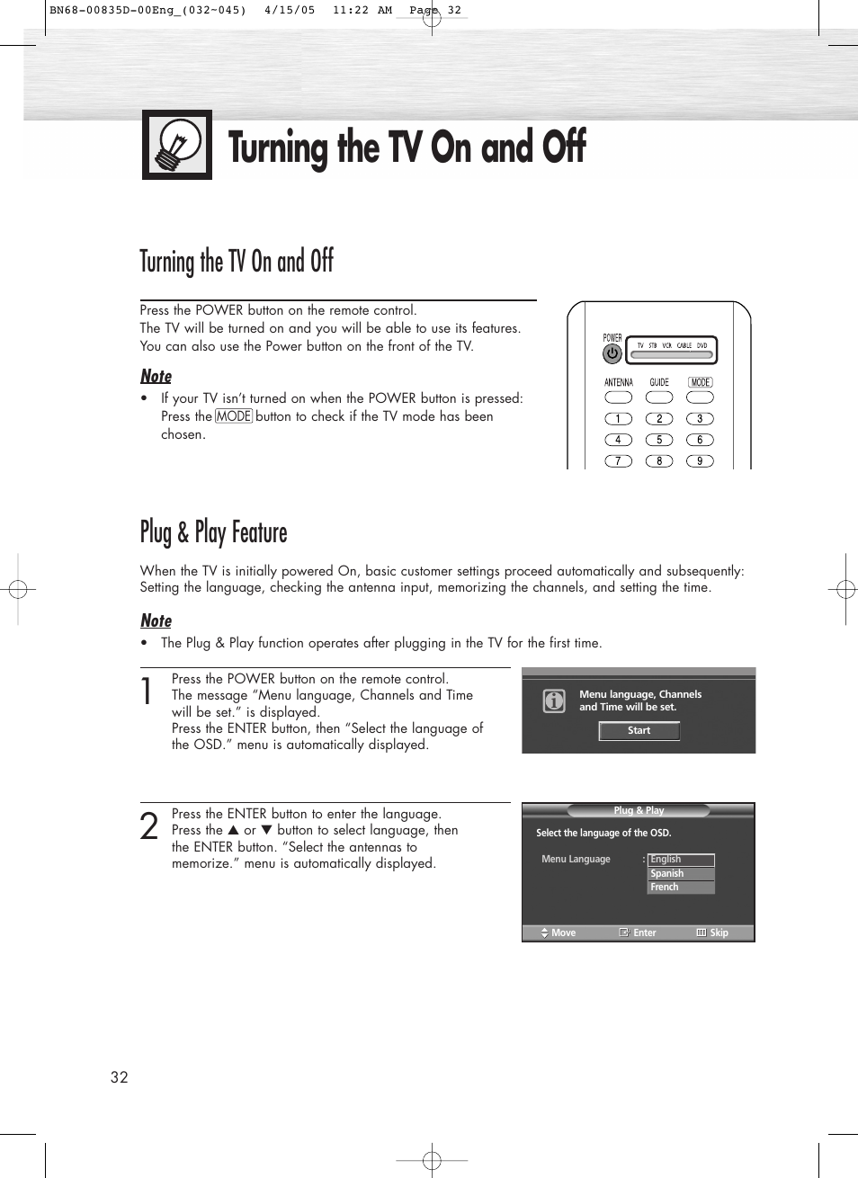 Turning the tv on and off, Plug & play feature | Samsung SPR4212X-XAC User Manual | Page 32 / 144