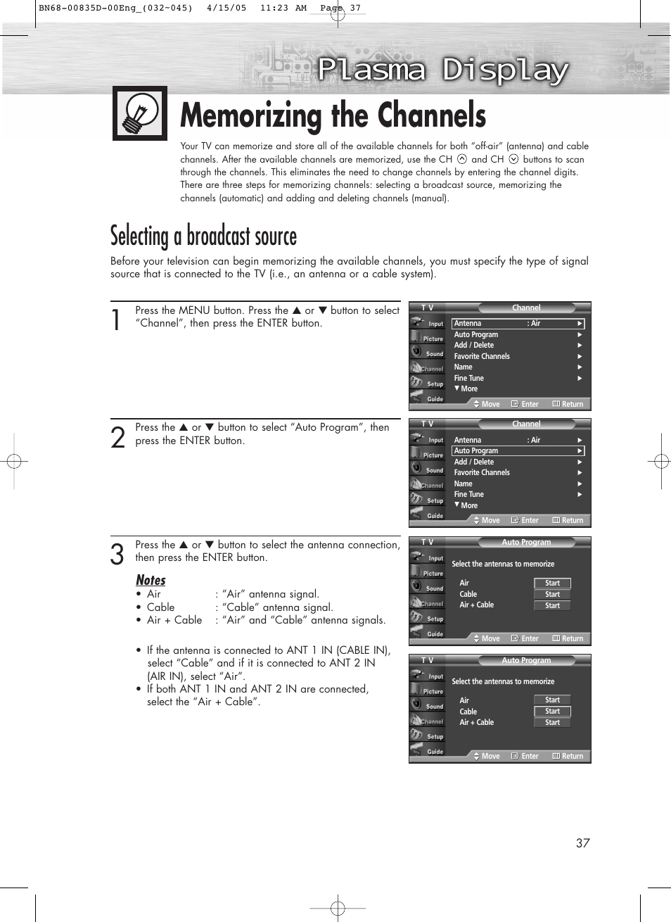Memorizing the channels, Selecting a broadcast source | Samsung SPR4212X-XAC User Manual | Page 37 / 144