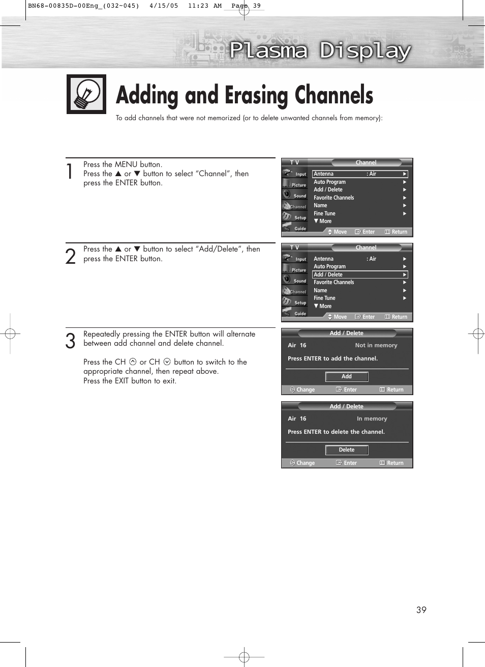 Adding and erasing channels | Samsung SPR4212X-XAC User Manual | Page 39 / 144