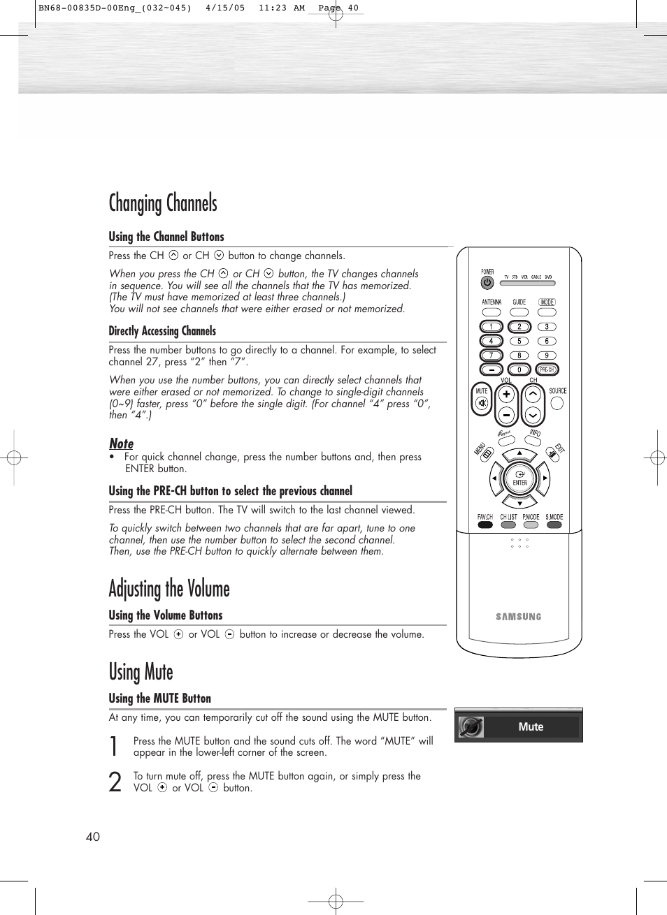 Changing channels, Adjusting the volume, Using mute | Samsung SPR4212X-XAC User Manual | Page 40 / 144