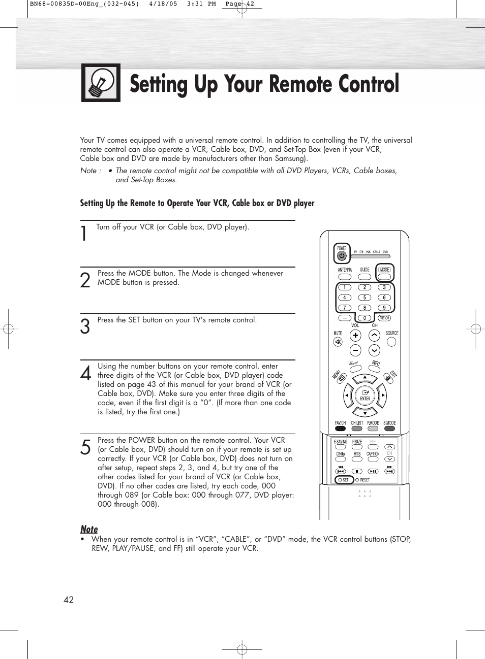 Setting up your remote control | Samsung SPR4212X-XAC User Manual | Page 42 / 144