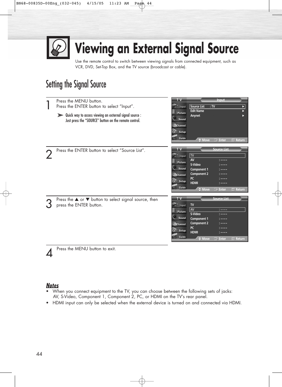 Viewing an external signal source, Setting the signal source | Samsung SPR4212X-XAC User Manual | Page 44 / 144