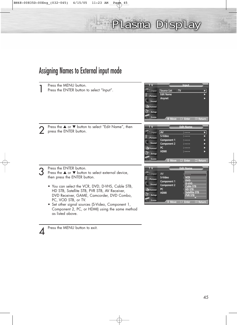 Assigning names to external input mode | Samsung SPR4212X-XAC User Manual | Page 45 / 144