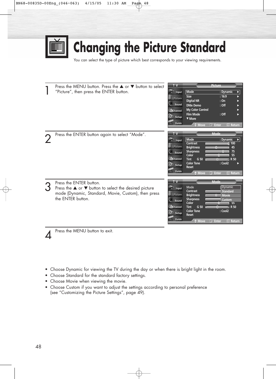 Changing the picture standard | Samsung SPR4212X-XAC User Manual | Page 48 / 144