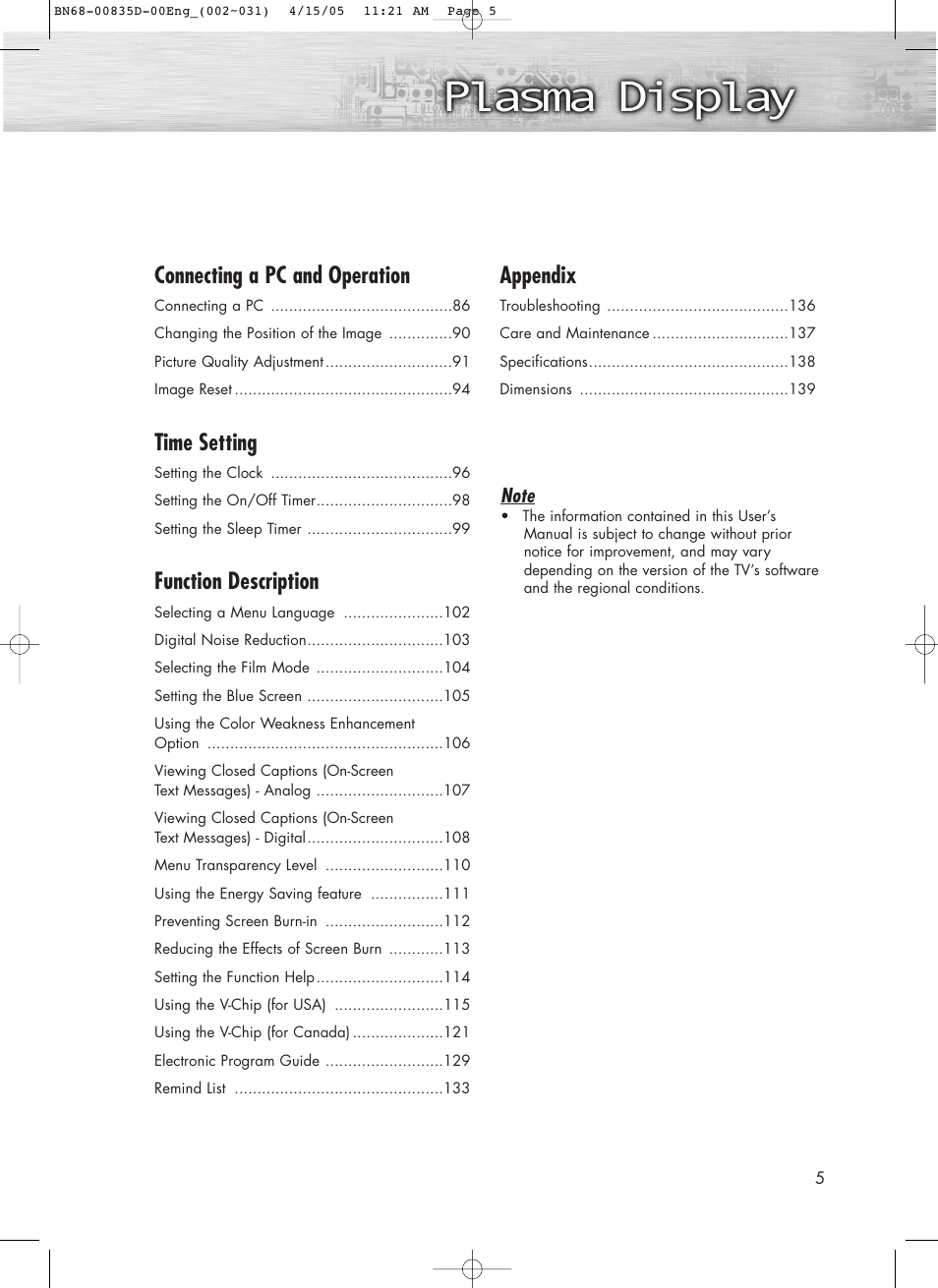 Connecting a pc and operation, Time setting, Function description | Appendix | Samsung SPR4212X-XAC User Manual | Page 5 / 144
