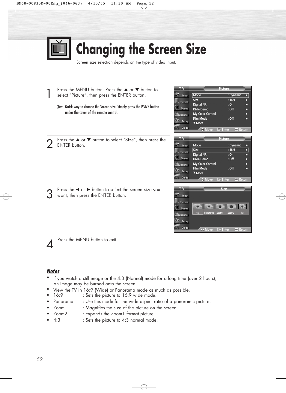 Changing the screen size | Samsung SPR4212X-XAC User Manual | Page 52 / 144