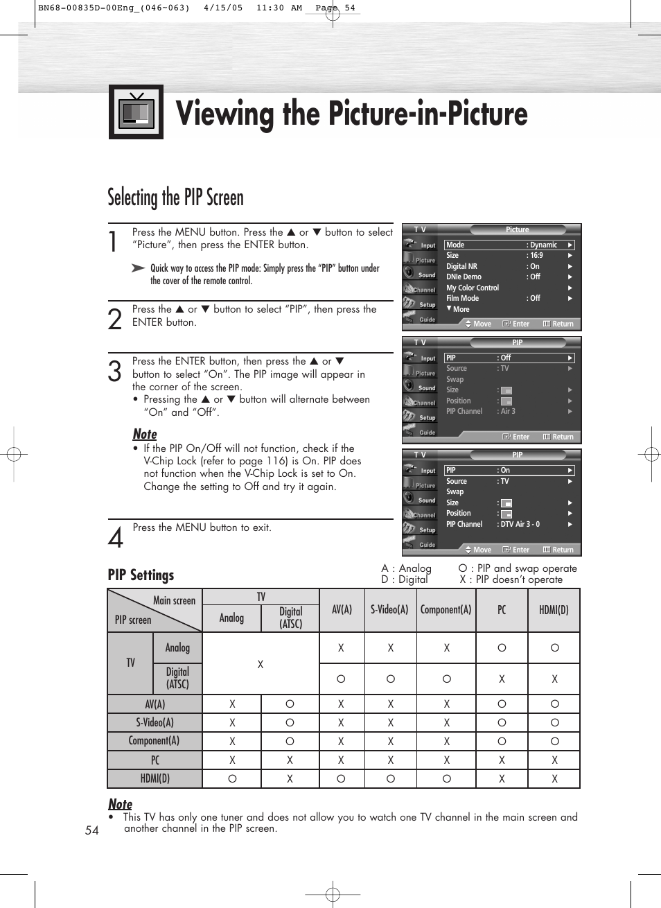 Viewing the picture-in-picture, Selecting the pip screen, Pip settings | Samsung SPR4212X-XAC User Manual | Page 54 / 144