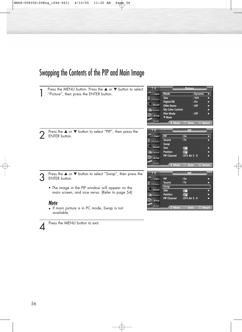 Swapping the contents of the pip and main image | Samsung SPR4212X-XAC User Manual | Page 56 / 144