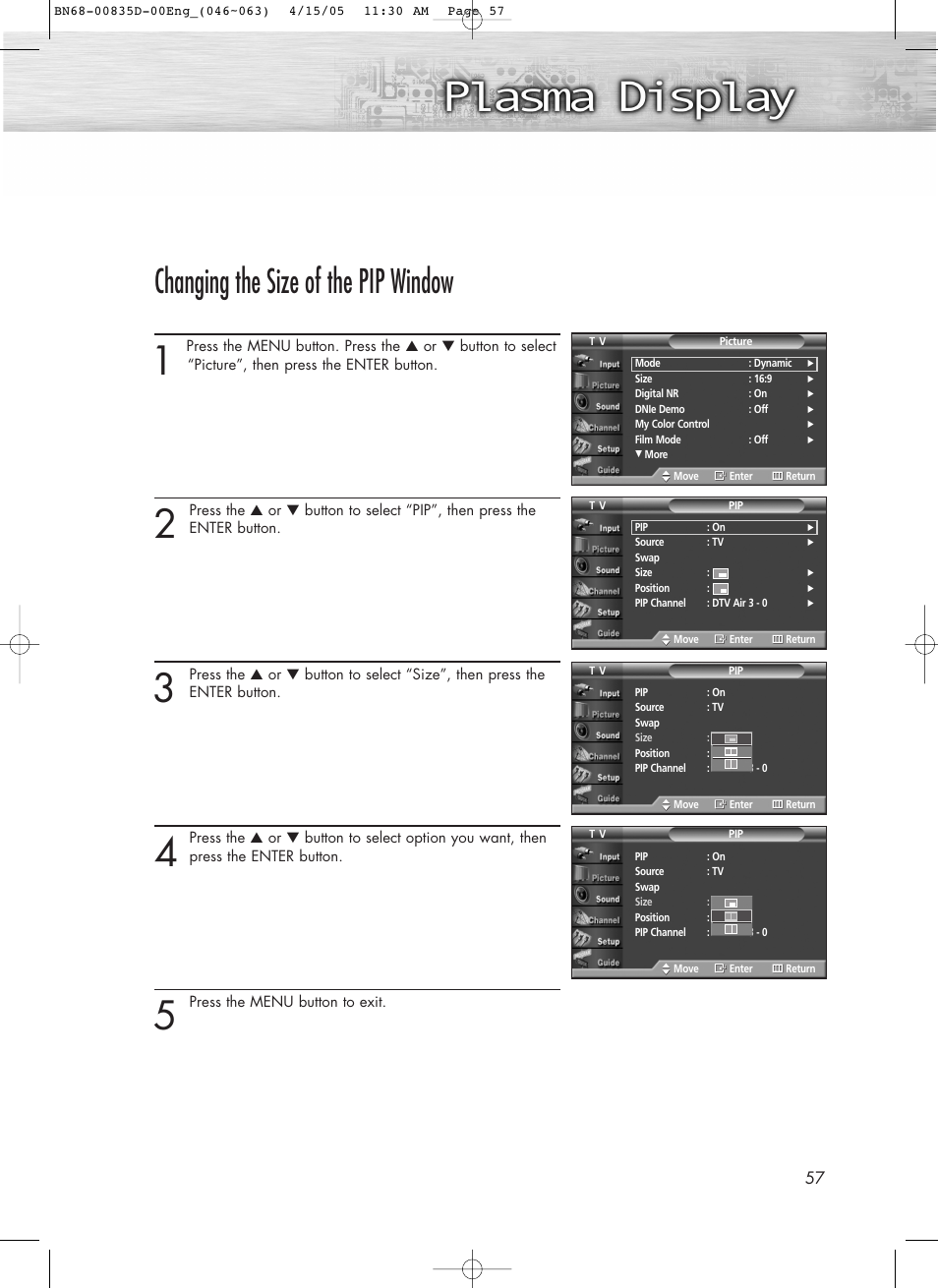 Changing the size of the pip window | Samsung SPR4212X-XAC User Manual | Page 57 / 144