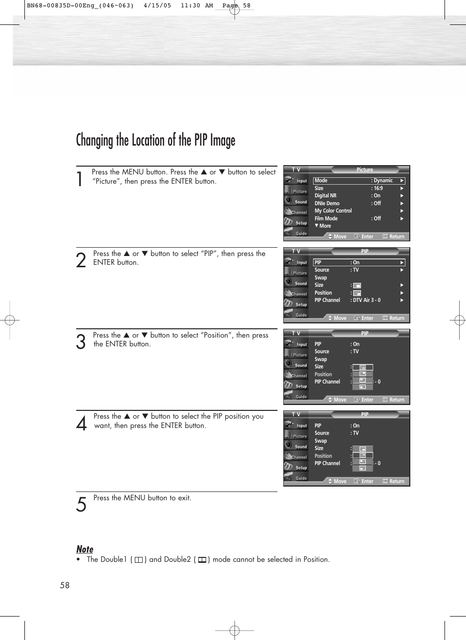 Changing the location of the pip image | Samsung SPR4212X-XAC User Manual | Page 58 / 144