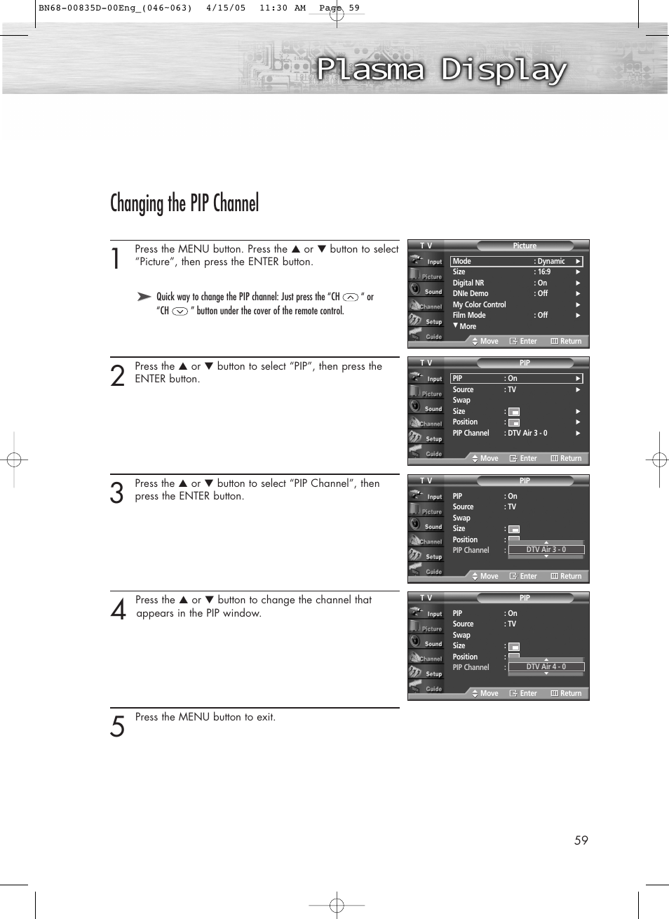 Changing the pip channel | Samsung SPR4212X-XAC User Manual | Page 59 / 144