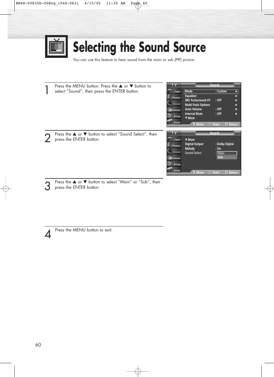 Selecting the sound source | Samsung SPR4212X-XAC User Manual | Page 60 / 144