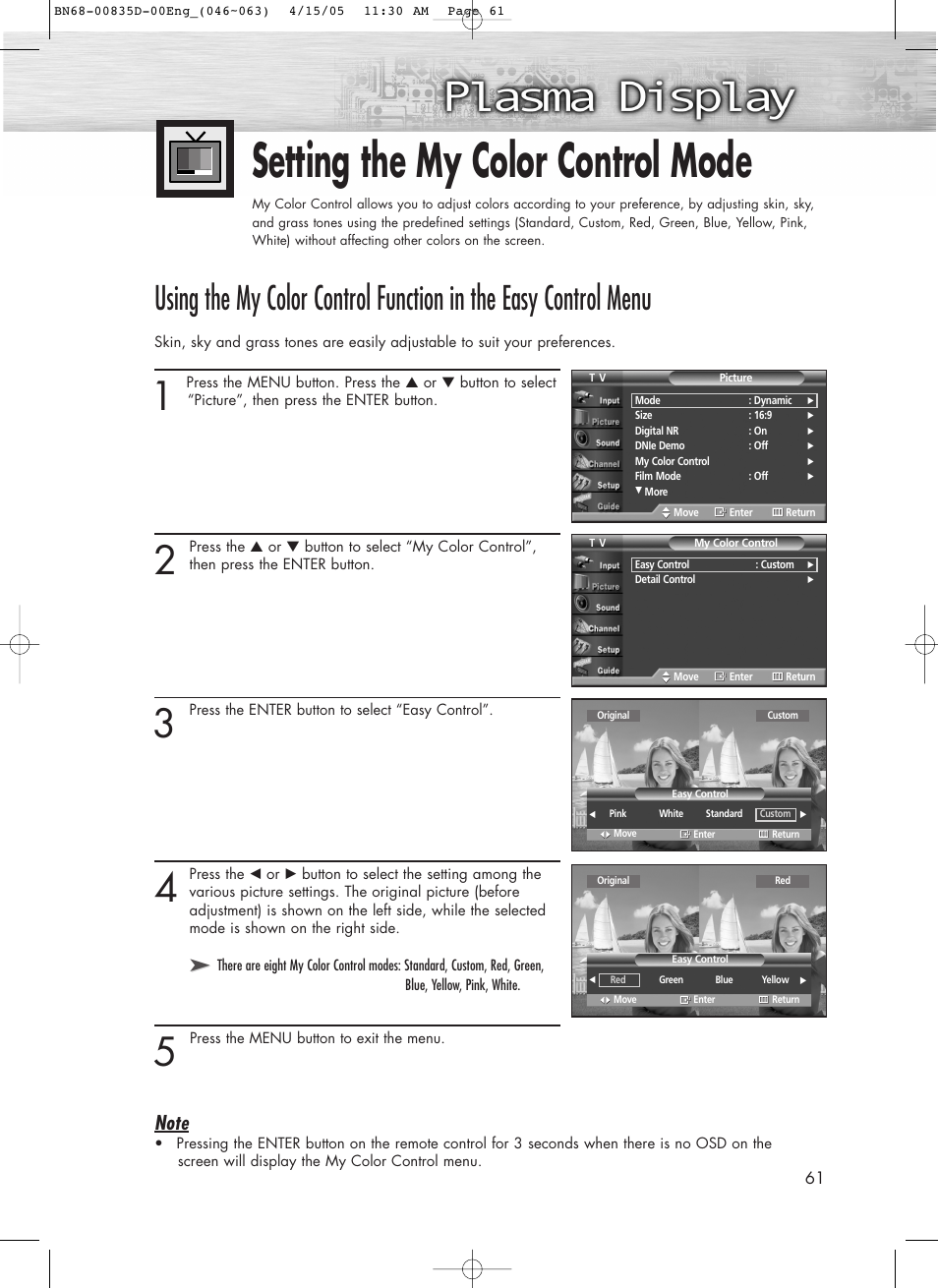 Setting the my color control mode | Samsung SPR4212X-XAC User Manual | Page 61 / 144