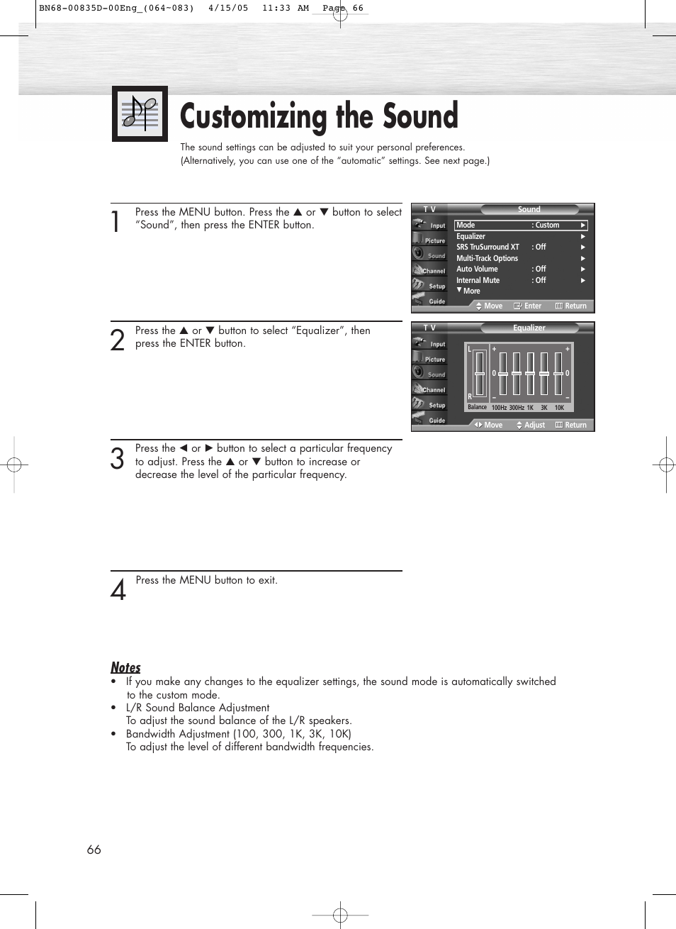 Customizing the sound | Samsung SPR4212X-XAC User Manual | Page 66 / 144