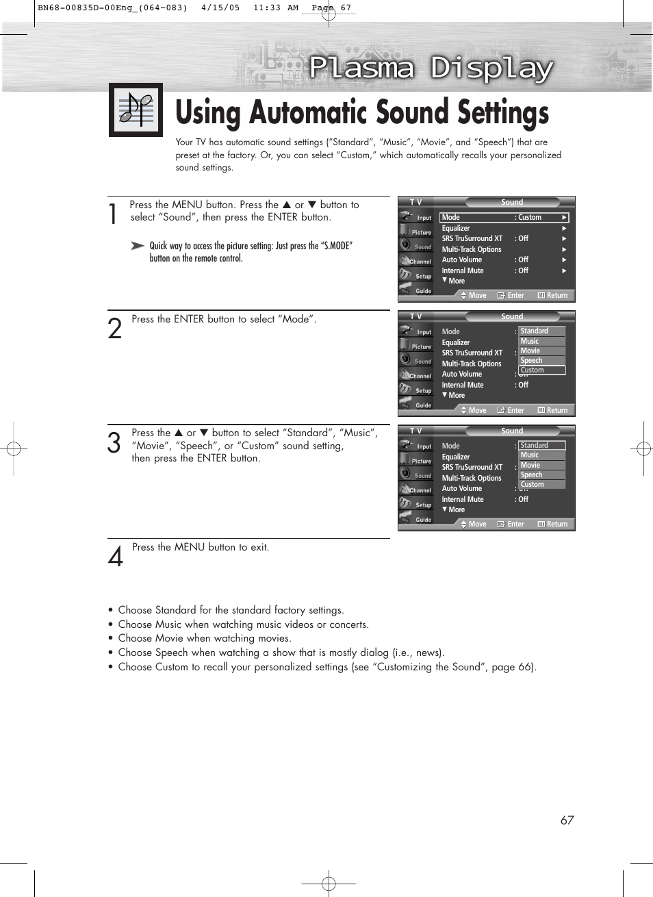 Using automatic sound settings | Samsung SPR4212X-XAC User Manual | Page 67 / 144