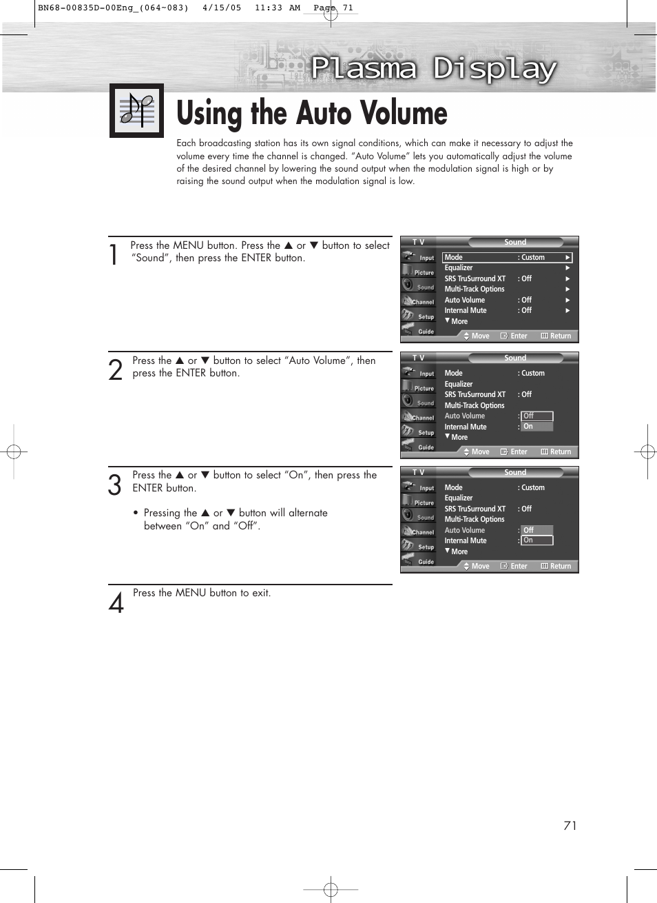 Using the auto volume | Samsung SPR4212X-XAC User Manual | Page 71 / 144