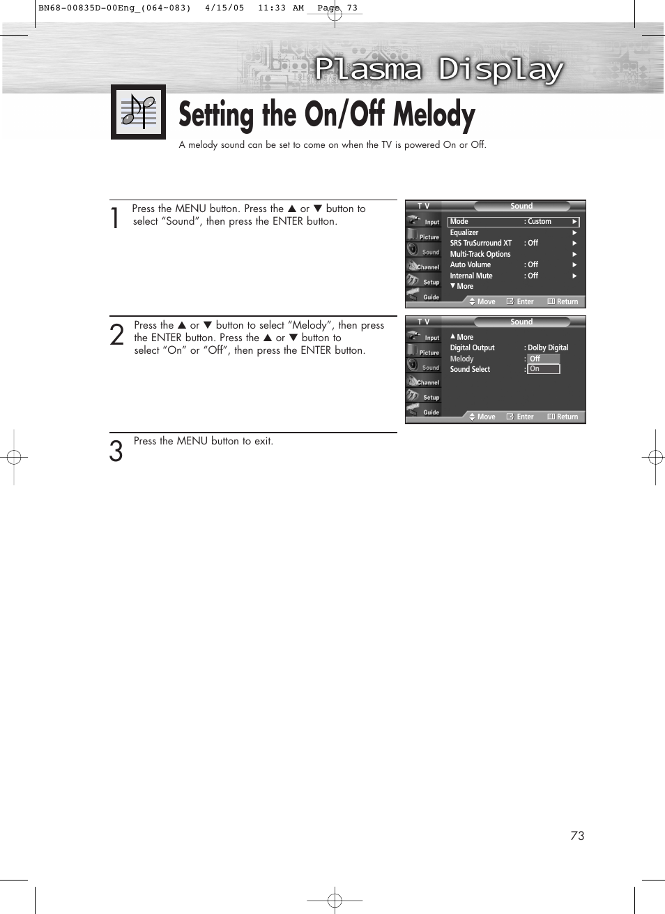 Setting the on/off melody | Samsung SPR4212X-XAC User Manual | Page 73 / 144