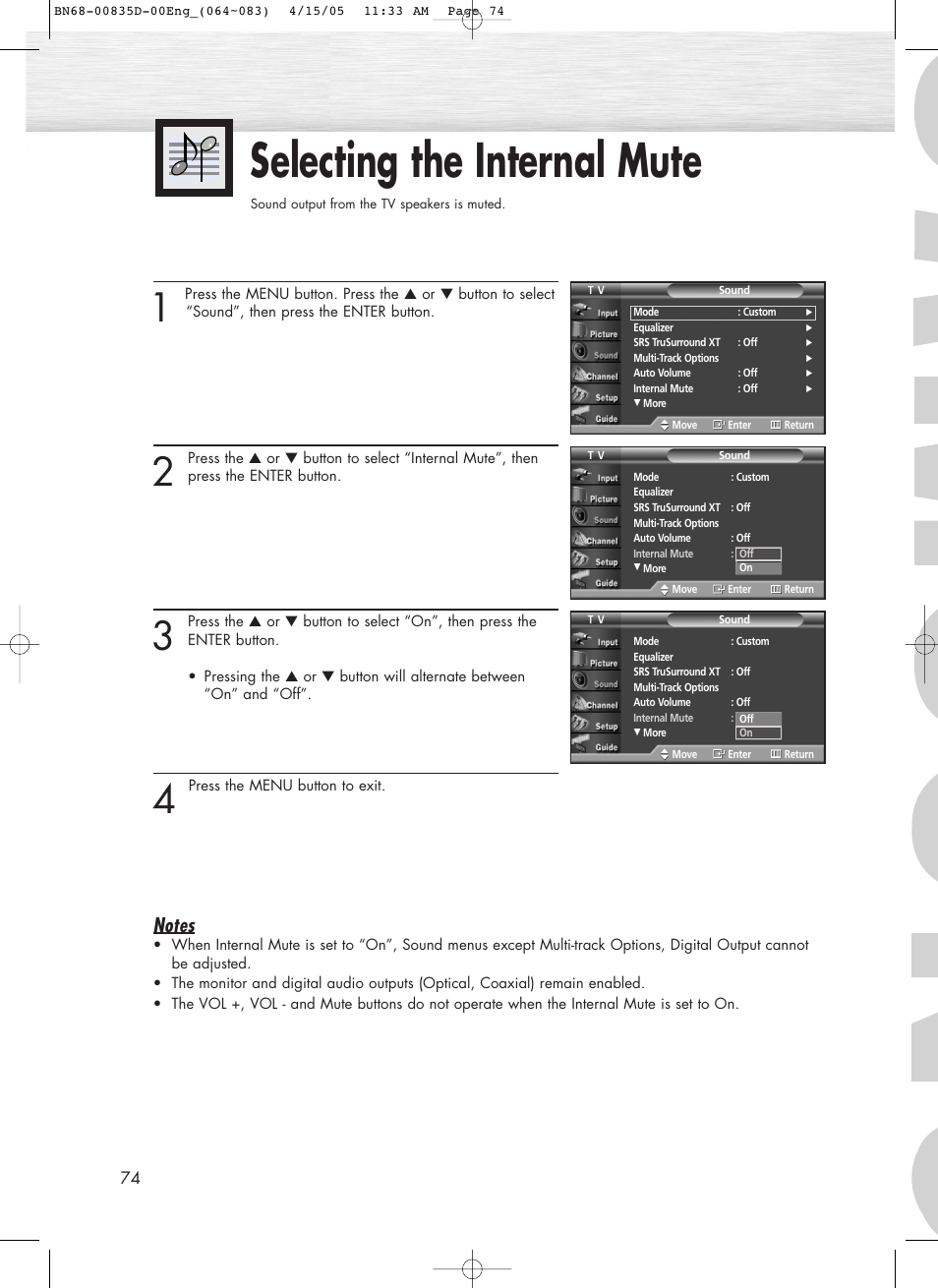 Selecting the internal mute | Samsung SPR4212X-XAC User Manual | Page 74 / 144