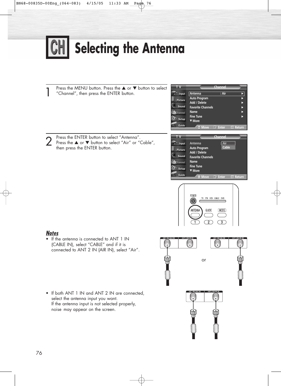 Selecting the antenna | Samsung SPR4212X-XAC User Manual | Page 76 / 144