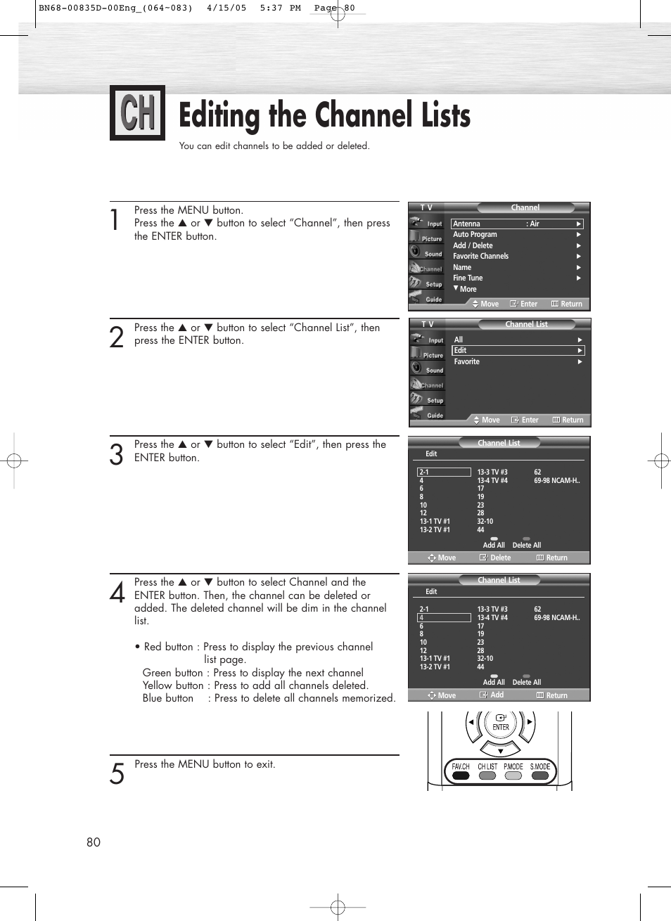 Editing the channel lists | Samsung SPR4212X-XAC User Manual | Page 80 / 144