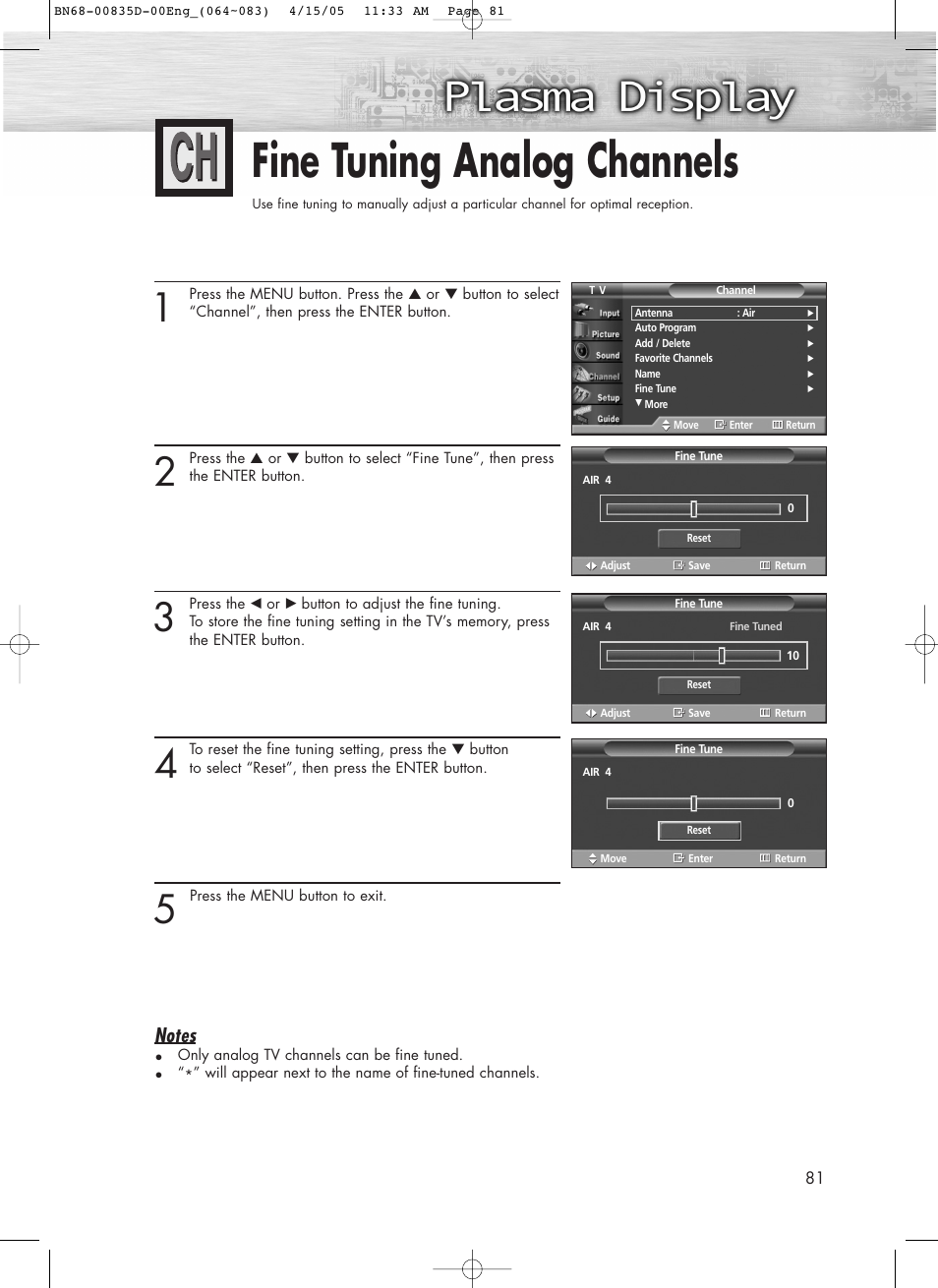 Fine tuning analog channels | Samsung SPR4212X-XAC User Manual | Page 81 / 144