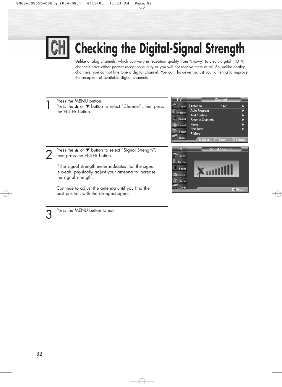 Checking the digital-signal strength | Samsung SPR4212X-XAC User Manual | Page 82 / 144