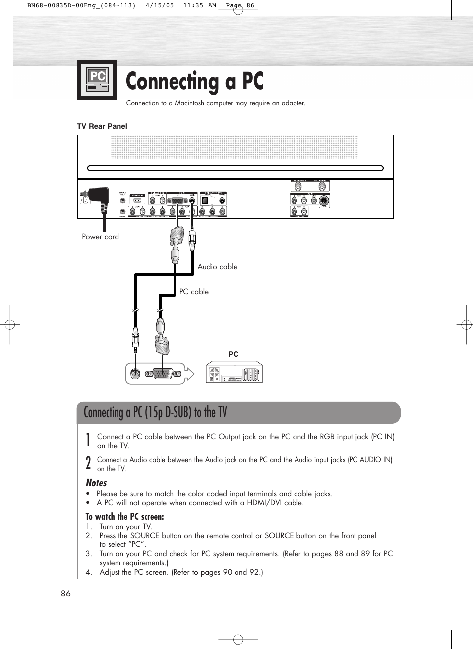 Connecting a pc, Connecting a pc (15p d-sub) to the tv | Samsung SPR4212X-XAC User Manual | Page 86 / 144