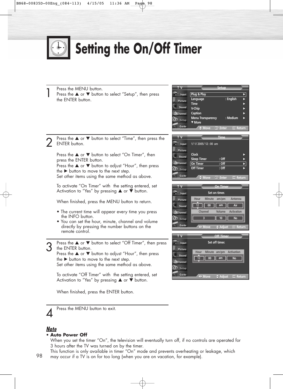 Setting the on/off timer | Samsung SPR4212X-XAC User Manual | Page 98 / 144