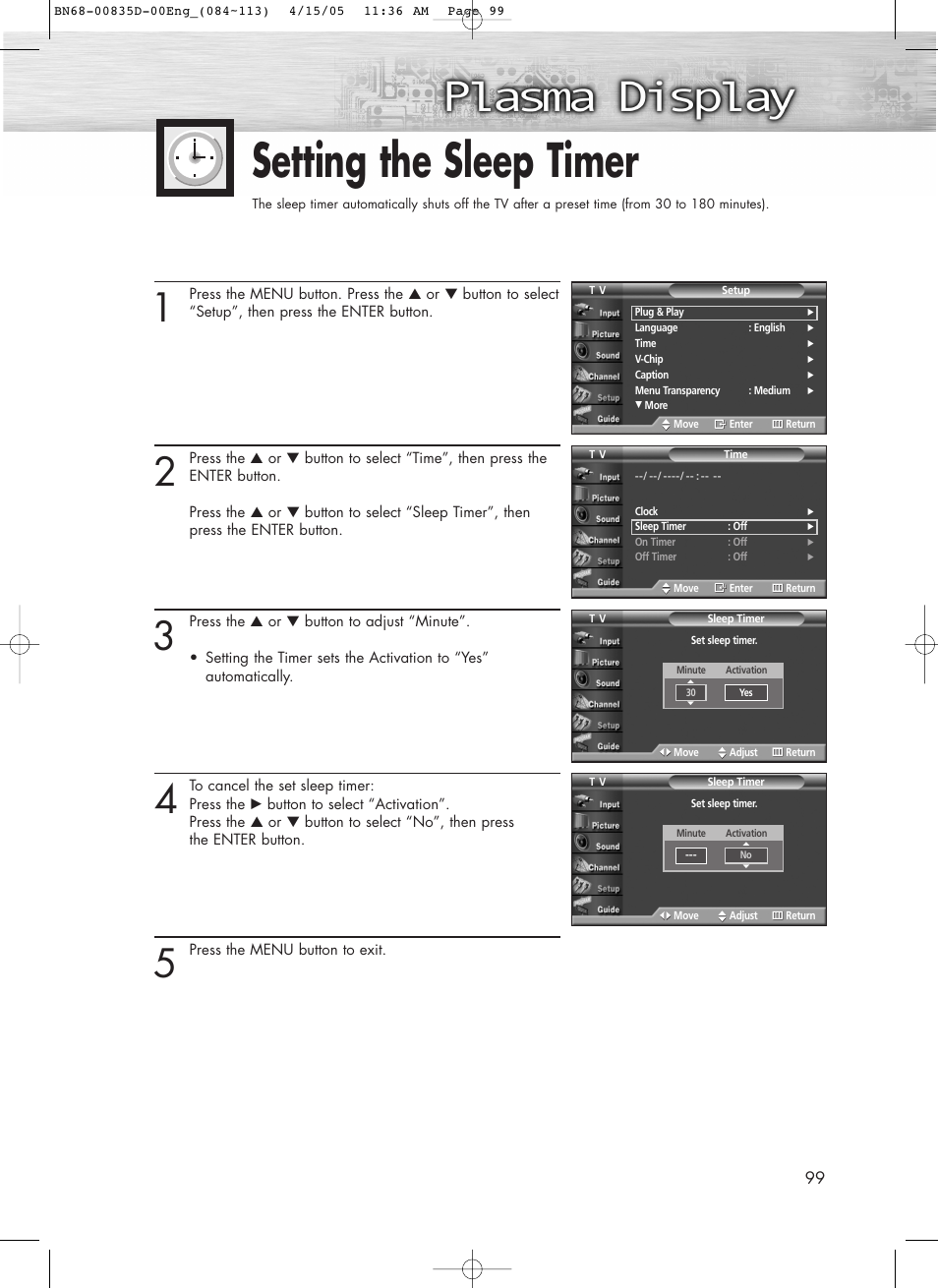 Setting the sleep timer | Samsung SPR4212X-XAC User Manual | Page 99 / 144
