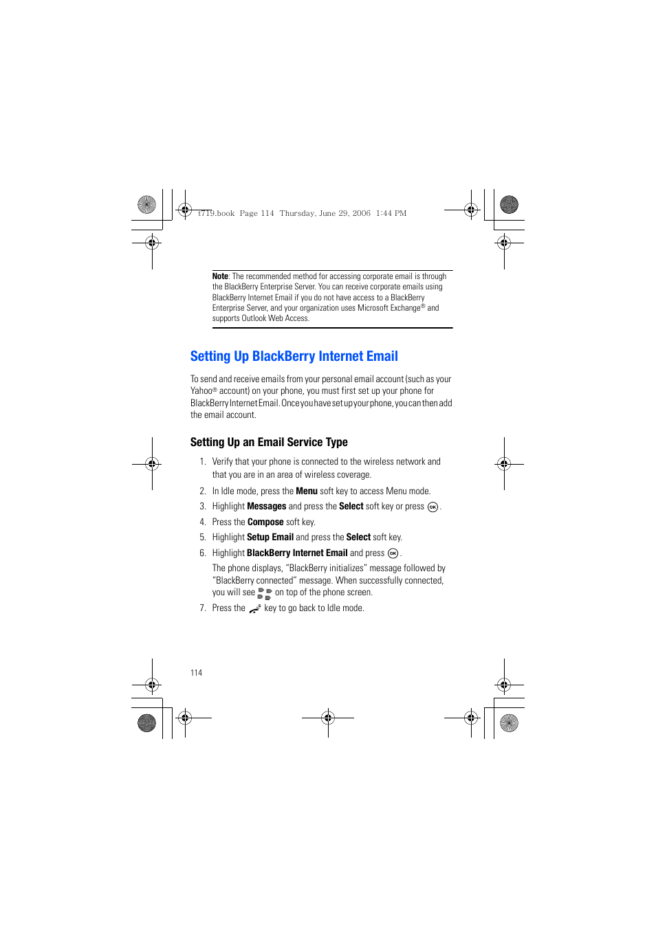 Setting up blackberry internet email, Setting up blackberry internet email” fo, Setting up an email service type | Samsung SGH-T719DSBTMB User Manual | Page 114 / 216