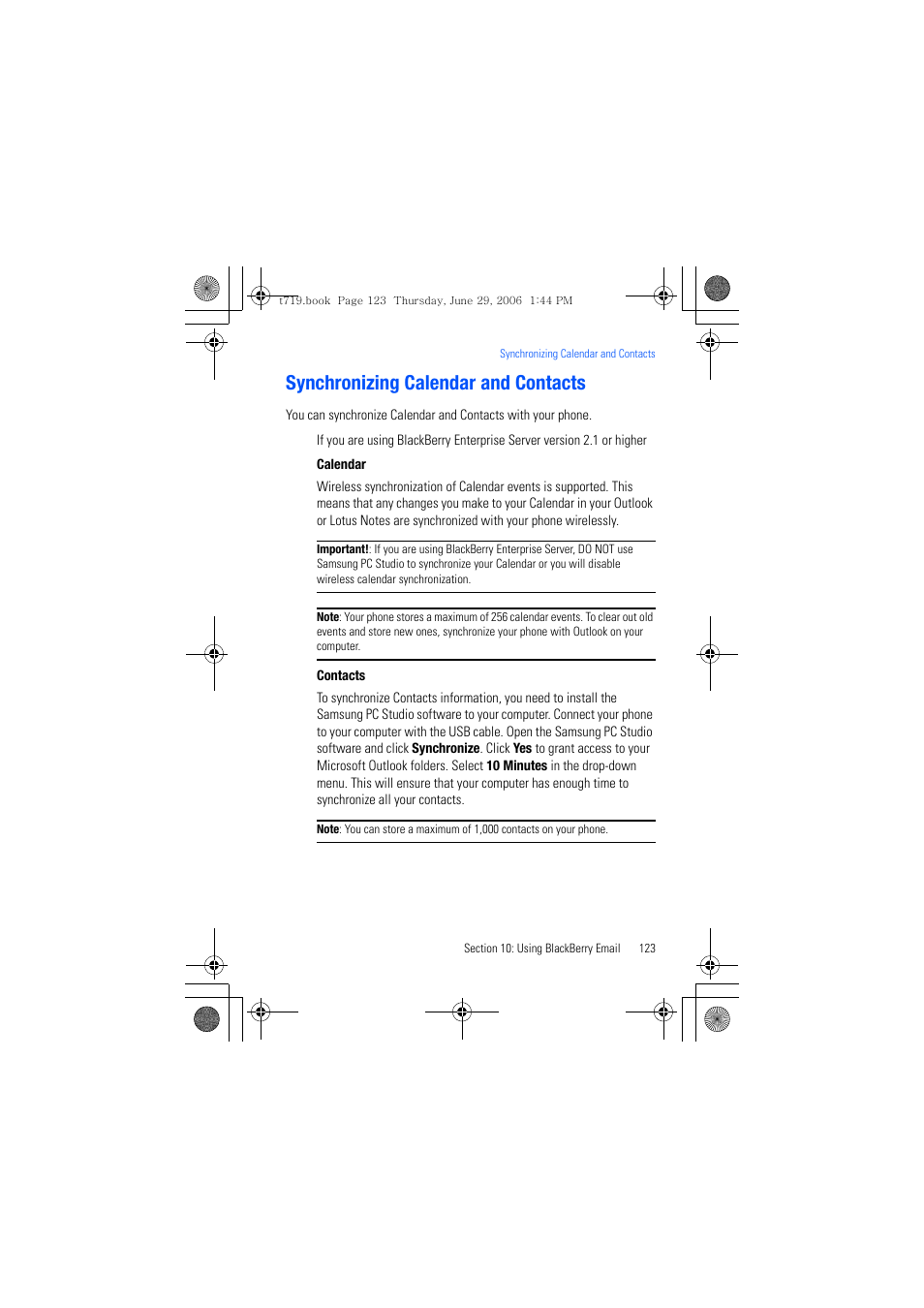 Synchronizing calendar and contacts | Samsung SGH-T719DSBTMB User Manual | Page 123 / 216