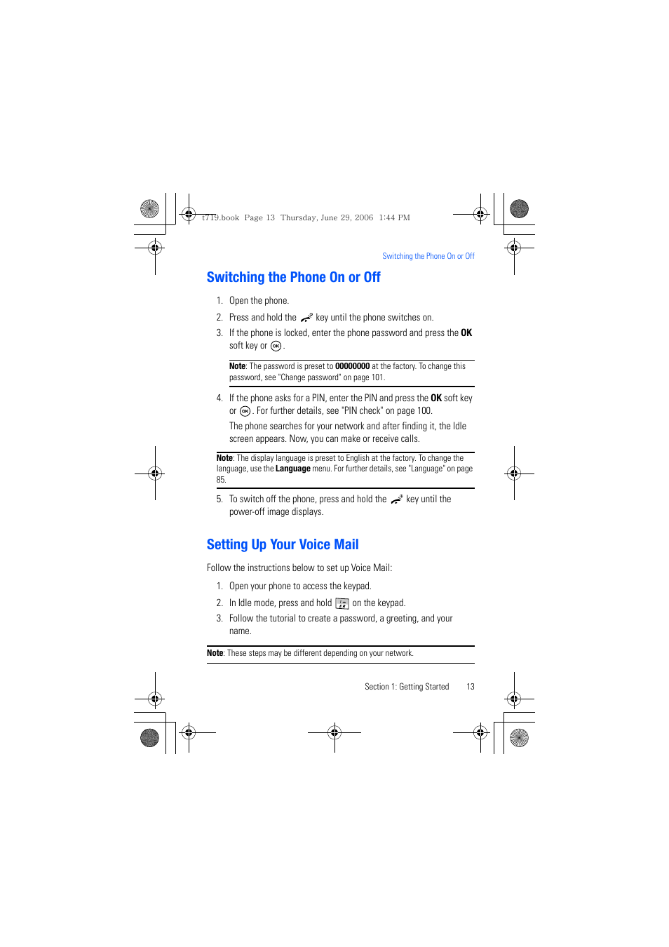 Switching the phone on or off, Setting up your voice mail | Samsung SGH-T719DSBTMB User Manual | Page 13 / 216