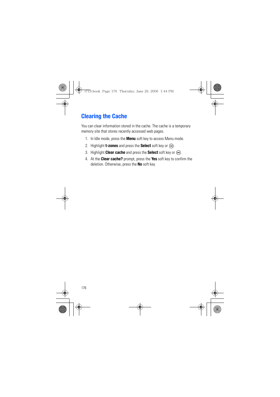 Clearing the cache | Samsung SGH-T719DSBTMB User Manual | Page 176 / 216