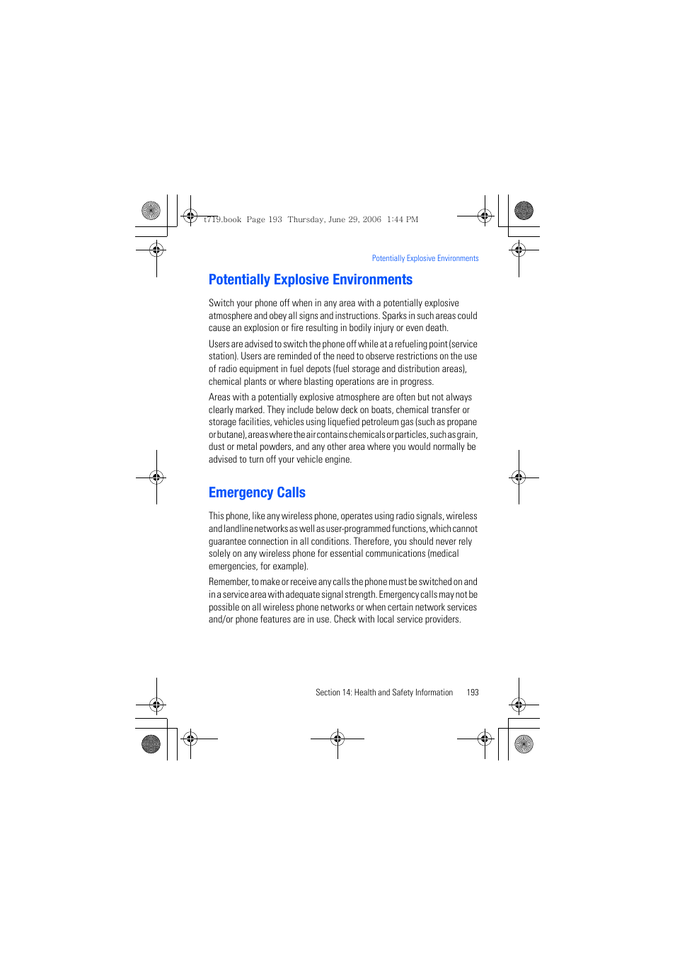 Potentially explosive environments emergency calls, Potentially explosive environments, Emergency calls | Samsung SGH-T719DSBTMB User Manual | Page 193 / 216