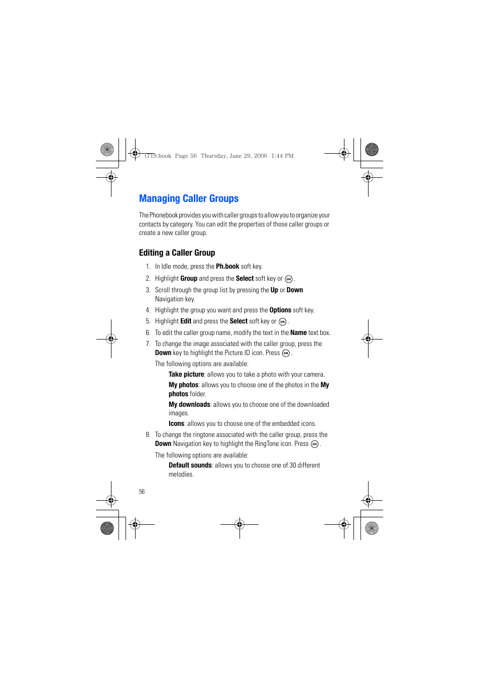 Managing caller groups | Samsung SGH-T719DSBTMB User Manual | Page 56 / 216