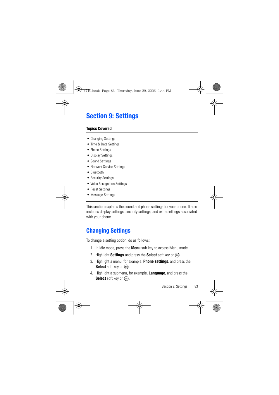 Section 9: settings, Changing settings | Samsung SGH-T719DSBTMB User Manual | Page 83 / 216