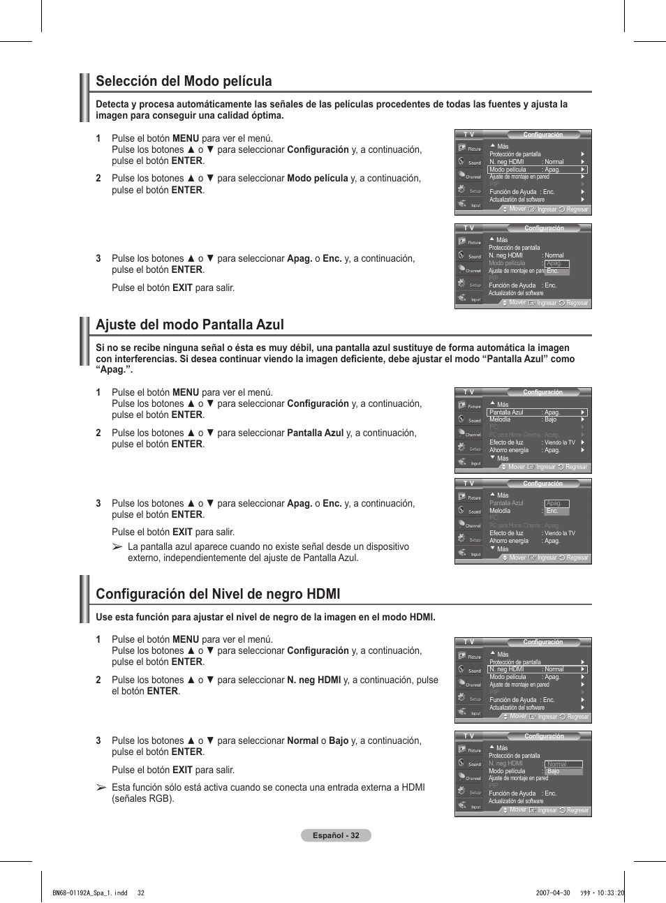 Selección del modo película, Ajuste del modo pantalla azul, Configuración del nivel de negro hdmi | Samsung HPT4234X-XAA User Manual | Page 100 / 136