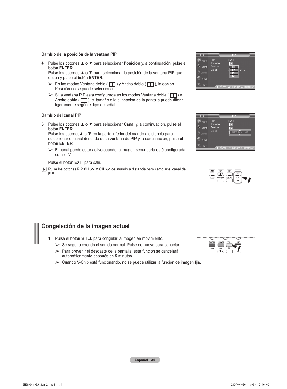 Congelación de la imagen actual | Samsung HPT4234X-XAA User Manual | Page 102 / 136