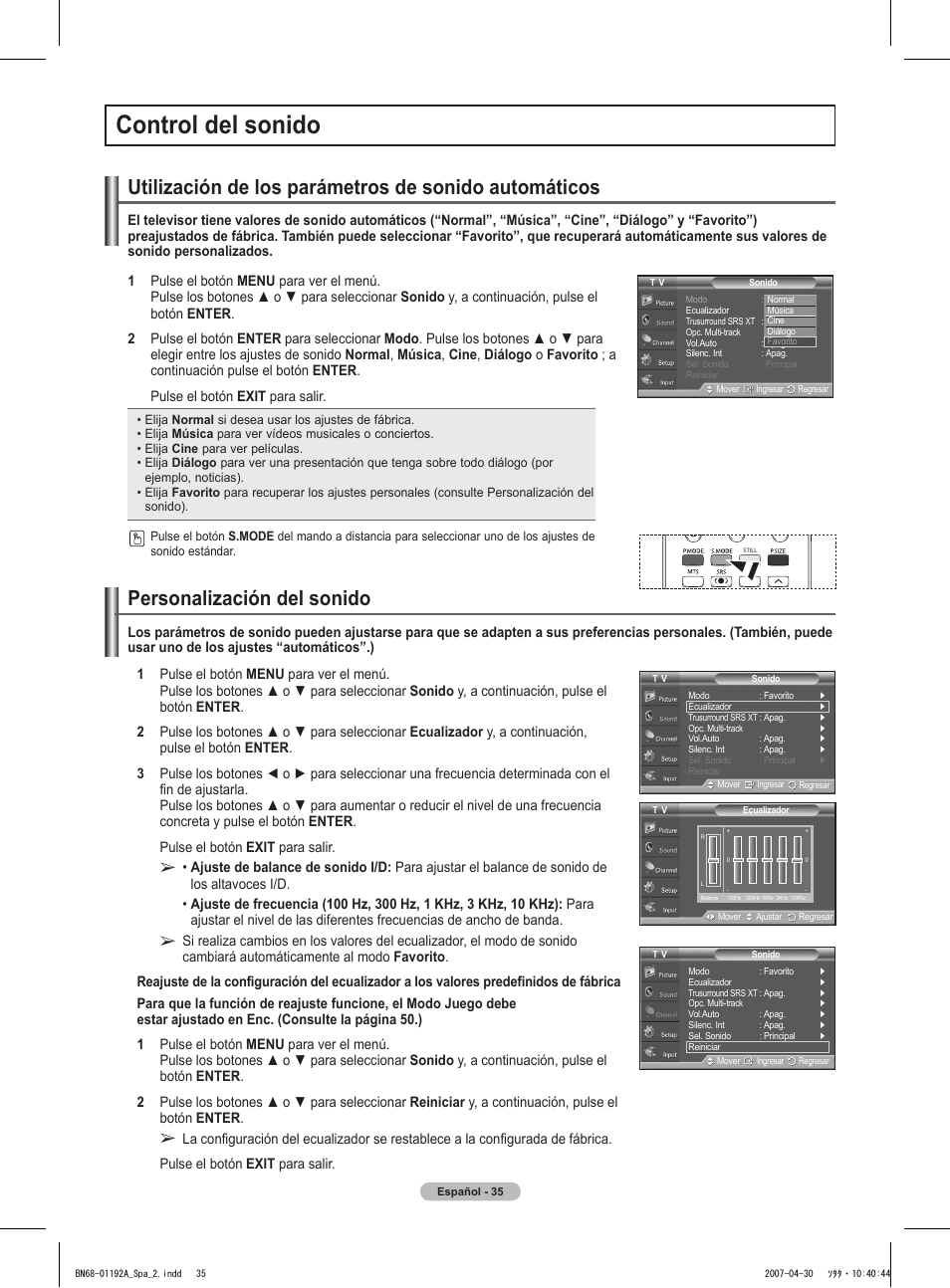 Control del sonido, Personalización del sonido | Samsung HPT4234X-XAA User Manual | Page 103 / 136