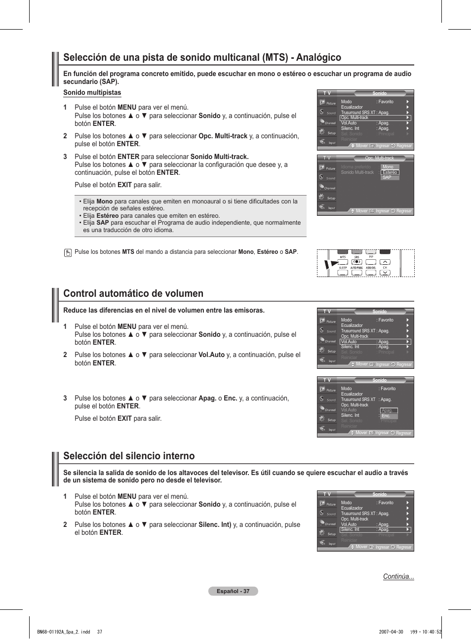 Control automático de volumen, Selección del silencio interno | Samsung HPT4234X-XAA User Manual | Page 105 / 136