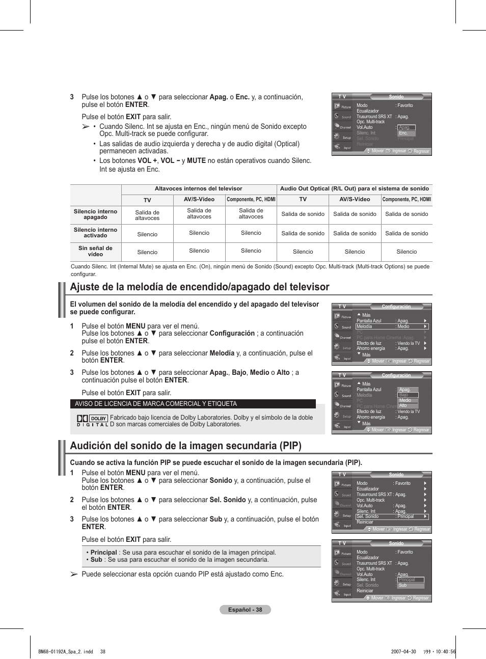 Audición del sonido de la imagen secundaria (pip) | Samsung HPT4234X-XAA User Manual | Page 106 / 136